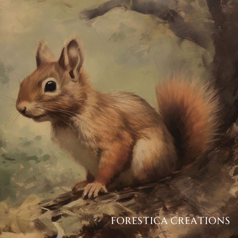 May include: A close-up of a brown squirrel with a bushy tail sitting on a tree branch. The squirrel has a white patch on its chest and is looking to the left. The background is a blurred green and brown.
