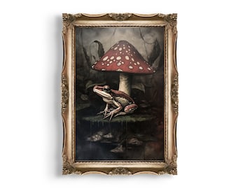 Toadstool & Frog | Dark Cottagecore Wall Art, Mushroom Decor, Goblincore Oil Painting, Dark Moody Antique Poster, Vintage Botanical Decor