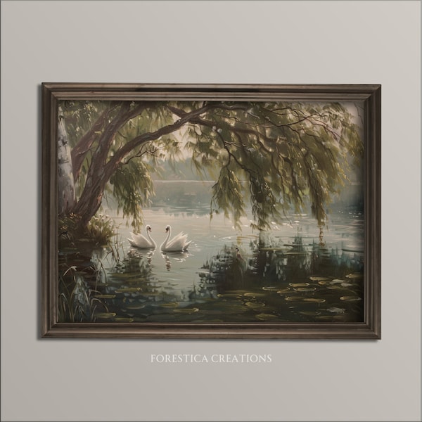 Swan Lake | Light Academia Prints, Cottage House Decor, Moody Painting Print, Vintage Aesthetic, Cottagecore Wall Art, Nature Artwork