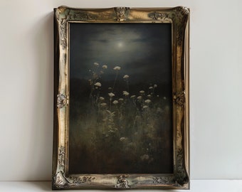 May include: A framed painting of a moonlit field with white flowers. The painting is in a gold frame with a distressed finish. The text "FORESTICA CREATIONS" is visible at the top of the image.