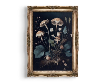 Dark Floral Mushrooms | Dark Cottagecore Print, Witchy Wall Art, Goblincore Aesthetic Oil Painting, Moody Vintage Poster, Botanical Decor