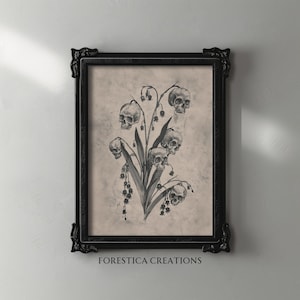 Fiori di teschio / Stampa di Halloween, Decorazione Dark Academia, Arte murale gotica, Decorazione per la stanza delle streghe, Stampa artistica gotica macabra, Dipinto Dark Cottagecore