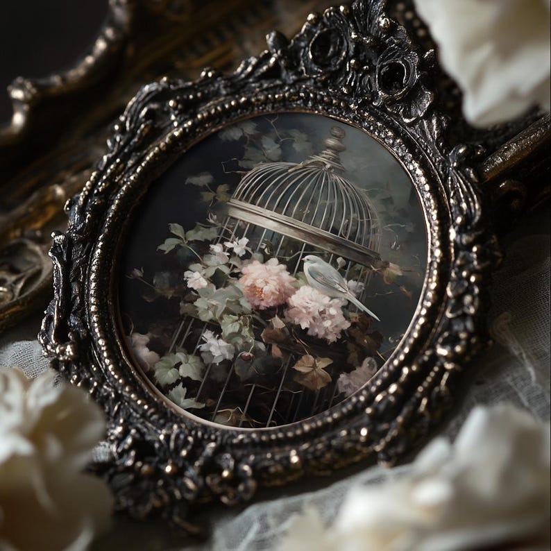 May include: A vintage-style ornate silver-toned metal frame with a glass oval-shaped window. The window displays a painting of a white bird inside a cage with flowers and greenery.