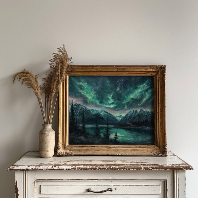 Painting aesthetic print of a dark, moody landscape under a star-filled sky, complementing both dark academia and celestial wall decor styles.