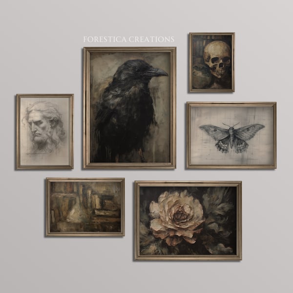 Set of 6 Dark Academia Prints | Gallery Wall Set, Moody Art Prints Aesthetic, Vintage Gothic Home Decor, Eclectic Oil Painting Printables