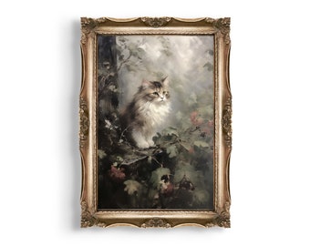 May include: A framed painting of a fluffy, white and gray cat sitting in a lush green forest setting. The cat is looking to the right, with a soft, dreamy background.