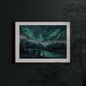 Night sky art print showcasing a vibrant display of celestial phenomena above rugged mountains, suited for whimsigoth and moody dark landscape themes.
