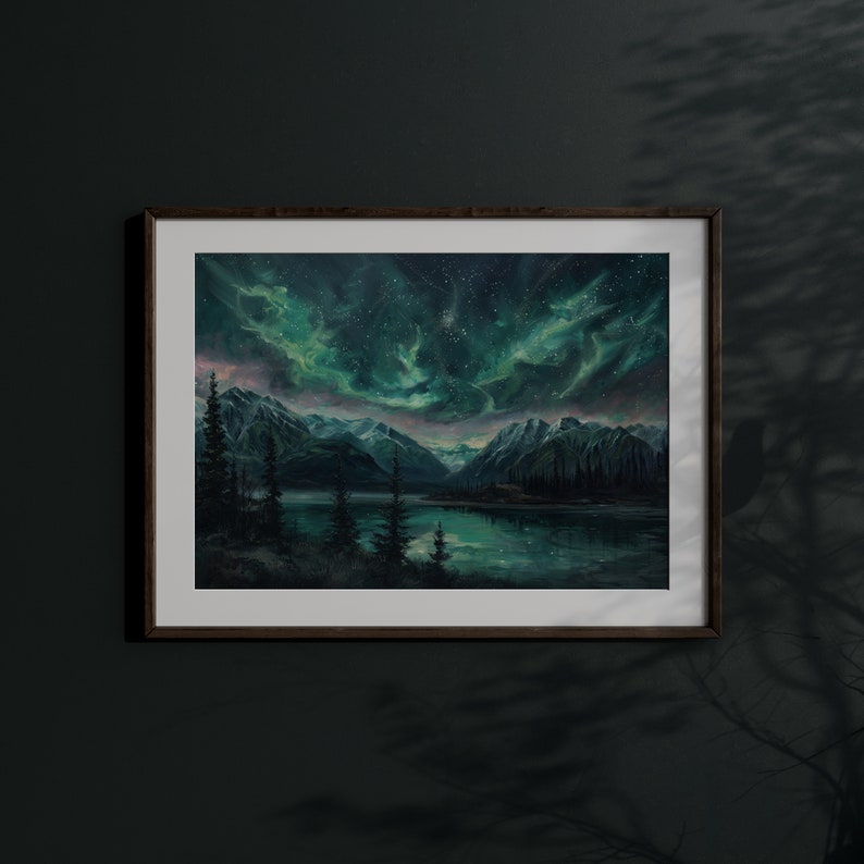 Night sky art print showcasing a vibrant display of celestial phenomena above rugged mountains, suited for whimsigoth and moody dark landscape themes.