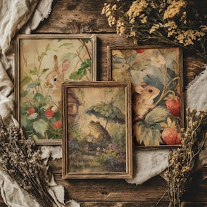 3er-Set Wild Garden Tales Prints | Wald-Kinderzimmer-Wandkunst, Cottagecore-Dekor, Vintage-Tiergemälde, rustikale Küchen-Galeriewand