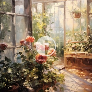 May include: A painting of a greenhouse interior with a wooden bench and potted plants. The plants have green leaves and orange flowers. The greenhouse has a glass roof and walls, and the light shines through the glass, creating a warm and inviting atmosphere.