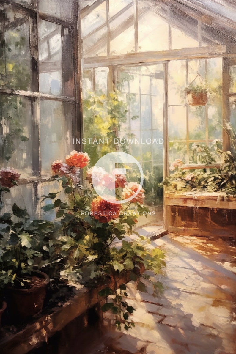 May include: A painting of a greenhouse interior with a wooden bench and potted plants. The plants have green leaves and orange flowers. The greenhouse has a glass roof and walls, and the light shines through the glass, creating a warm and inviting atmosphere.