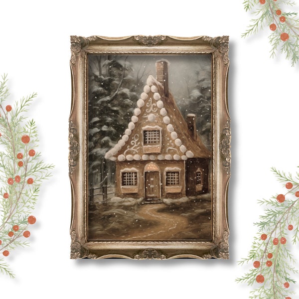 Gingerbread House | Christmas Home Decor, Snowy Aesthetic, Vintage Artwork, Farmhouse Prints, Painting Aesthetic, Moody Maximalist Wall Art