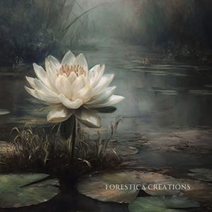 Water Lily | Cottagecore Wall Art, Dark Floral Decor, Moody Lake Painting, Botanical Print, Vintage Goblincore Art, Dark Cottage Core Decor image 7