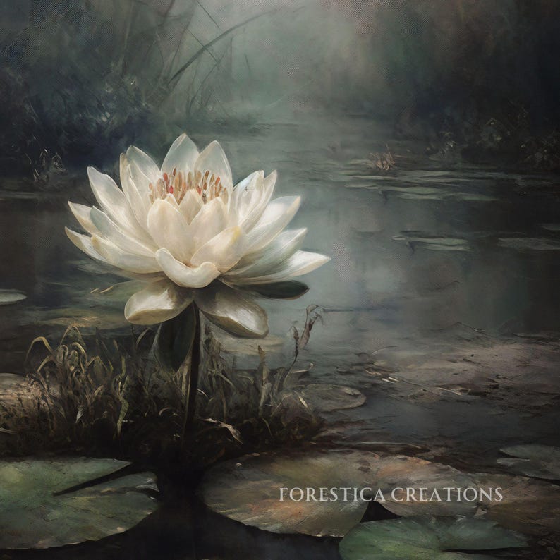 Water Lily | Cottagecore Wall Art, Dark Floral Decor, Moody Lake Painting, Botanical Print, Vintage Goblincore Art, Dark Cottage Core Decor image 7