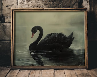 Black Swan | Dark Academia Prints, Gothic Home Decor, Victorian Goth Print, Moody Vintage Oil Painting Aesthetic, Dark Cottagecore Wall Art