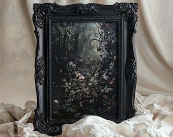 May include: A black ornate frame with a dark forest scene featuring a path lined with pink flowers and green foliage.