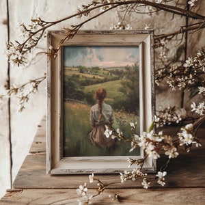 Moody green art depicting serene farmhouse scenery, ideal for creating a tranquil country aesthetic in any space.
