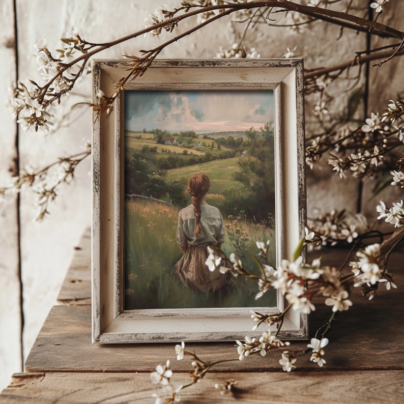 Moody green art depicting serene farmhouse scenery, ideal for creating a tranquil country aesthetic in any space.