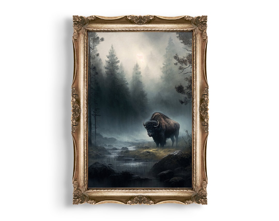 Vintage Bison Oil Painting: Moody Farmhouse Wall Art (digital Download ...