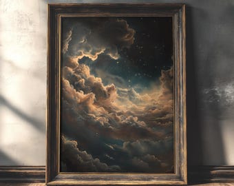 Night Clouds | Dark Academia Decor, Vintage Celestial Wall Art, Moody Oil Painting Print, Witchy Home Decor, Moon and Stars Printable Art