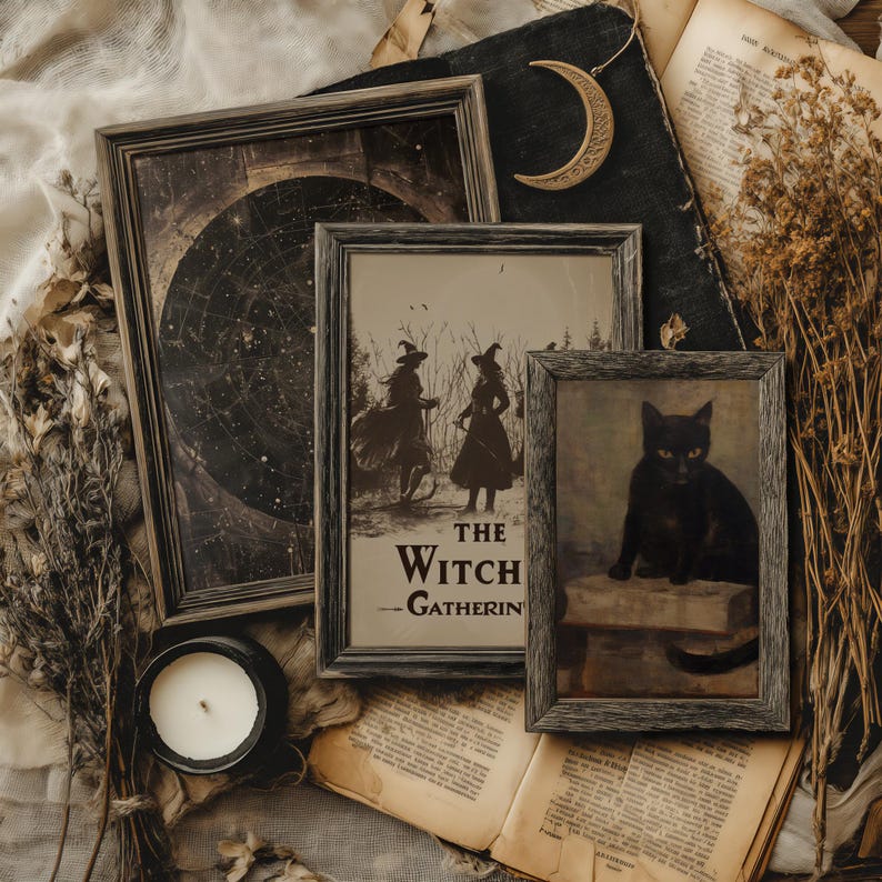 Witchcore art prints featuring a witch and black cat among vintage books, candle, and crescent moon decor