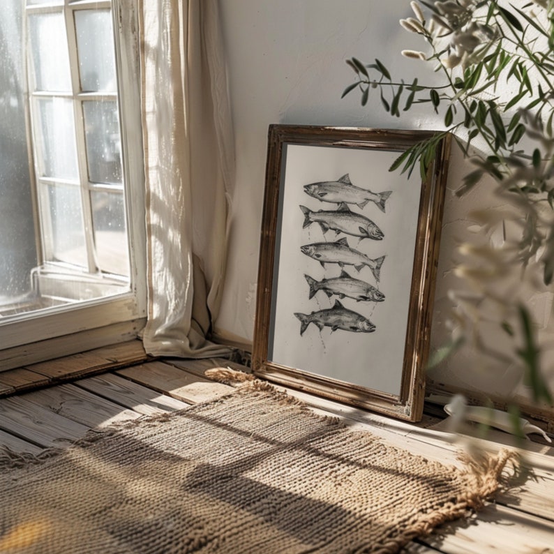 Vintage fish print featuring a detailed salmon chart drawing in a minimalist poster style.