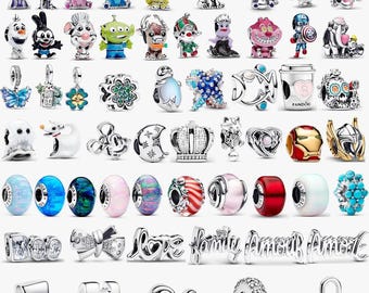 Abalorios para pulseras Pandora: cuentas de personajes de dibujos animados, colgantes, cuentas espaciadoras de cristal de Murano, corazones de plata de ley y abalorios familiares.