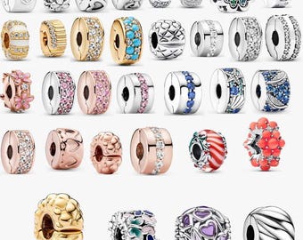 Conjunto de charms con clip estilo Pandora, plata de ley 925 y cuentas espaciadoras chapadas en oro de 14 quilates/oro rosa, clips de esmalte con circonitas cúbicas para pulseras.