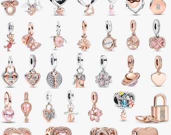 Conjunto de charms estilo Pandora en oro rosa, cuentas de plata 925 y tono oro rosa, temas de amor, familia y Disney para pulseras.