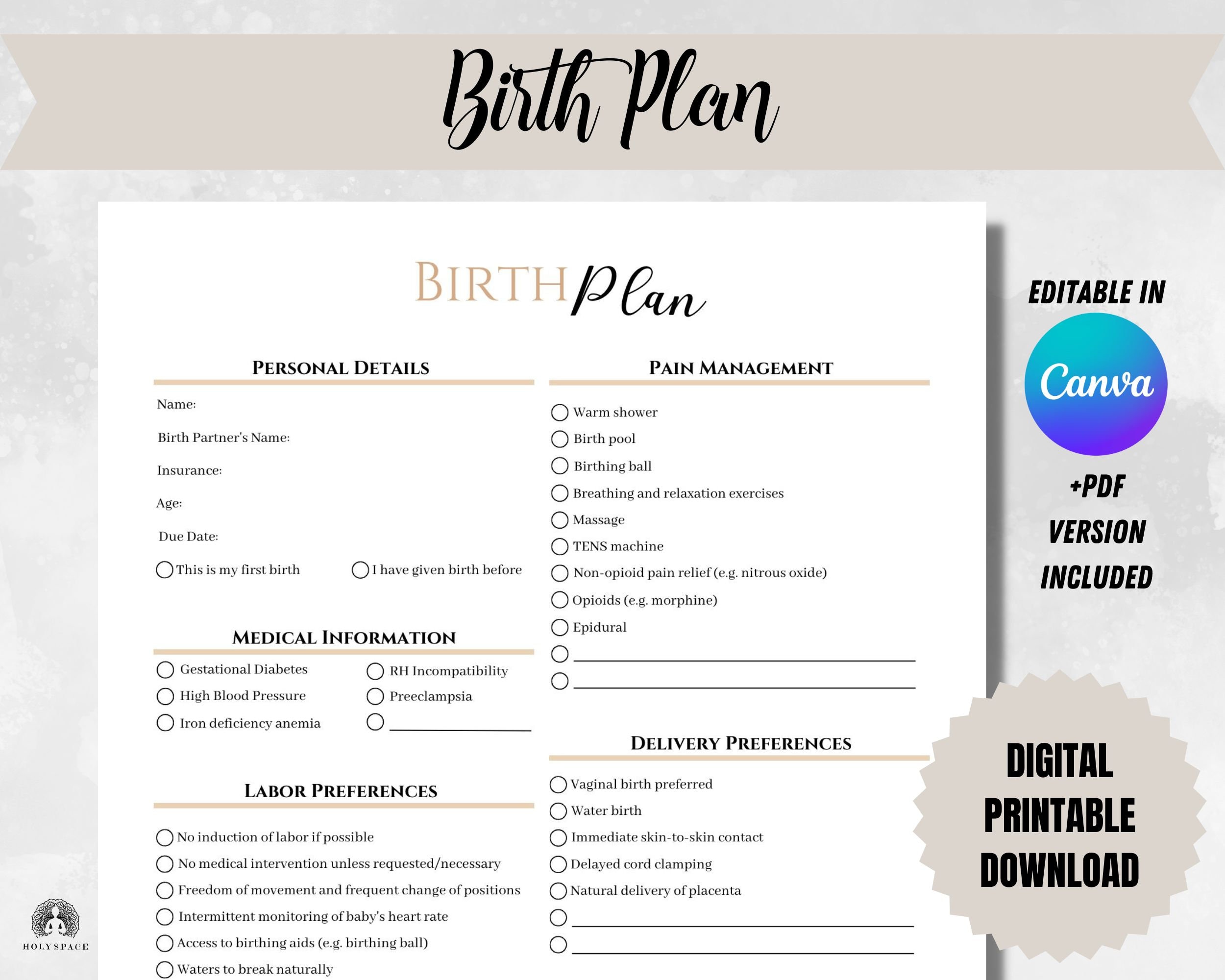 Birth Plan Template Canva Template Birth Plan Birth Plan Printable ...