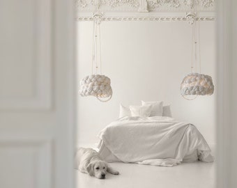 White Paper Braided Unique Handmade Pendant Lamp | Contemporary Natural Lighting for Bedroom & Lobby | Sustainable Design | The Bride M