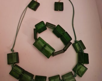 One of a Kind set of Handmade Earrings, Bracelet and Necklace, Made of Intense Green Glass Squares and Stainless Steel