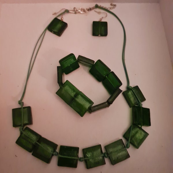 One of a Kind set of Handmade Earrings, Bracelet and Necklace, Made of Intense Green Glass Squares and Stainless Steel