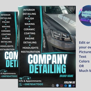 May include: A black and blue flyer advertising car detailing services. The flyer features a photo of a silver car and the text "COMPANY DETAILING". The flyer also includes a list of services offered, such as interior detailing, polishing, waxing, ceramic coating, engine detailing, headlights, and restoration. The flyer also includes contact information and social media links.
