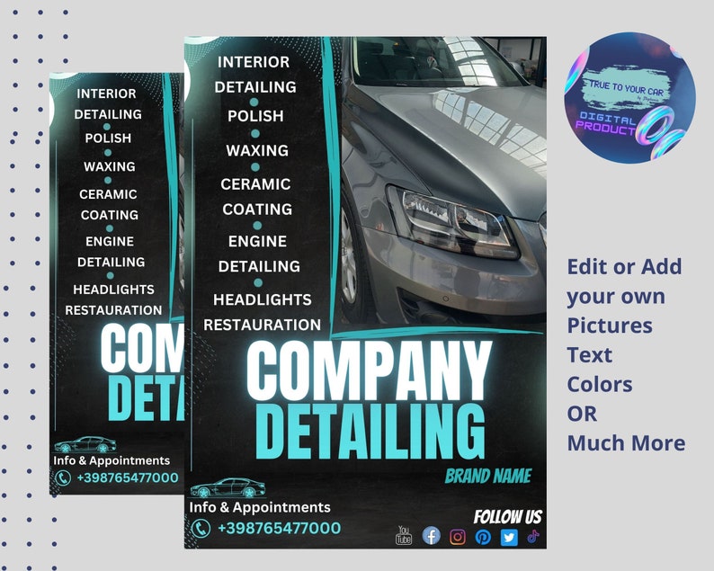 May include: A black and blue flyer advertising car detailing services. The flyer features a photo of a silver car and the text "COMPANY DETAILING". The flyer also includes a list of services offered, such as interior detailing, polishing, waxing, ceramic coating, engine detailing, headlights, and restoration. The flyer also includes contact information and social media links.