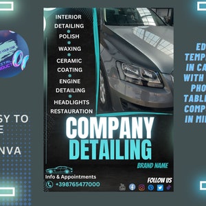 May include: A blue and white graphic design template for a car detailing company. The template features a photo of a silver car, the company name "Company Detailing", and a list of services offered, including interior detailing, polishing, waxing, ceramic coating, engine detailing, headlights restoration, and more. The template also includes contact information and social media icons.