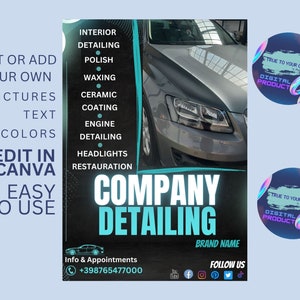 May include: A blue and white graphic design for a car detailing company. The design features a car, the company name "COMPANY DETAILING", and a list of services offered, including interior detailing, polishing, waxing, ceramic coating, engine detailing, headlights, and restoration. The design also includes the company's phone number and social media icons.