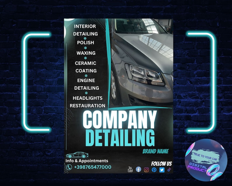 May include: A black and blue poster advertising a car detailing company. The poster features a silver car, the company name "COMPANY DETAILING", and a list of services offered, including interior detailing, polish, waxing, ceramic coating, engine detailing, and headlight restoration. The poster also includes contact information and social media handles.