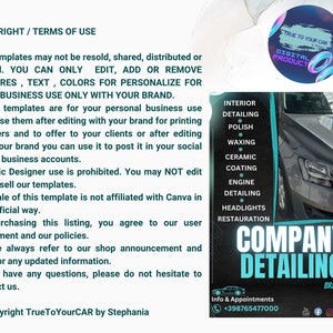 May include: A digital product template for car detailing businesses. The template features a black and white image of a car with the text "Company Detailing" in a large, bold font. The template also includes a list of services offered, such as interior detailing, polishing, waxing, ceramic coating, engine detailing, headlights, and restoration. The template is available for purchase and can be customized with your own brand.