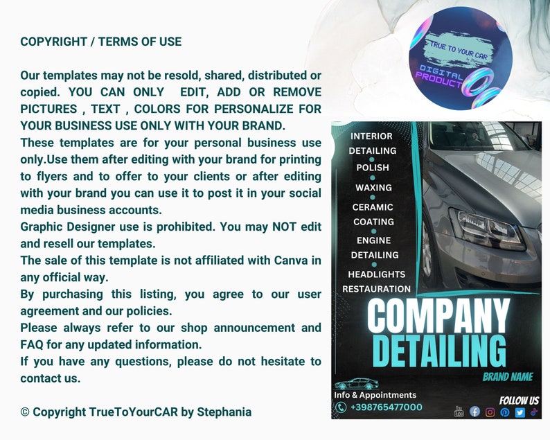 May include: A digital product template for car detailing businesses. The template features a black and white image of a car with the text "Company Detailing" in a large, bold font. The template also includes a list of services offered, such as interior detailing, polishing, waxing, ceramic coating, engine detailing, headlights, and restoration. The template is available for purchase and can be customized with your own brand.