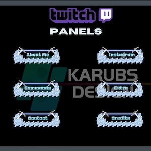 May include: Six Twitch panels with a blue and white icy design. The panels are labeled "About Me", "Commands", "Contact", "Instagram", "Extra", and "Credits".