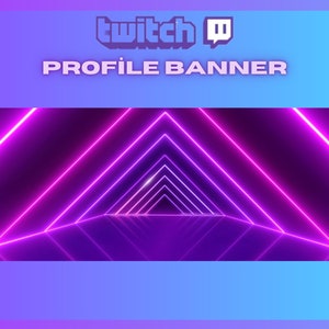 May include: A Twitch profile banner with a gradient blue and purple background. The banner features the Twitch logo and the text "PROFILE BANNER" in white. A neon purple tunnel design is in the center.