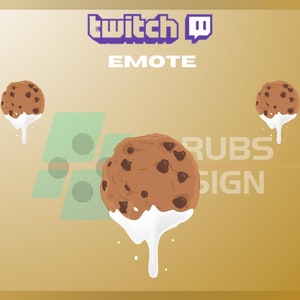 May include: A brown chocolate chip cookie with milk dripping down, against a light brown background. The text "twitch" and "EMOTE" are visible at the top of the image.