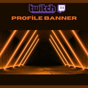 Op de afbeelding: Een donkere kamer met oranje neonverlichting die een geometrisch patroon op de muren creëert. De tekst "Twitch" en "PROFILE BANNER" is zichtbaar bovenaan de afbeelding.