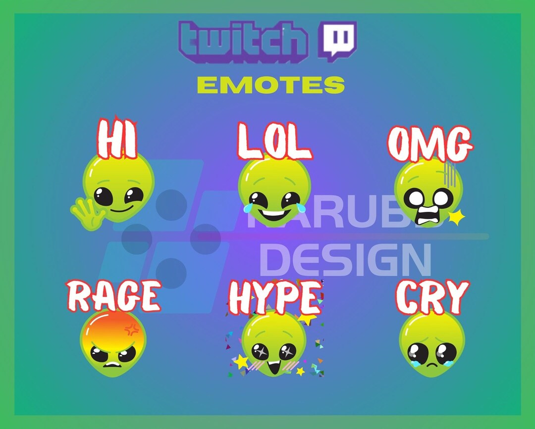 6 Twitch Emotes, Cute Alien Emote, Green Alien, Hi, Lol, GG, Rage, Omg ...