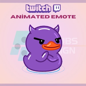 May include: Animated Twitch emote featuring a purple rubber duck with devil horns, angry eyebrows, and a closed-mouth smile. The duck is floating on a blue circle.