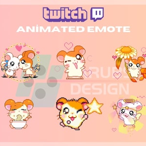 May include: Animated Twitch emotes featuring a hamster in various poses. The hamster is wearing a pink and white outfit and has a pink nose. The emotes include the hamster holding a sunflower, eating noodles, holding a wand, and kissing another hamster.