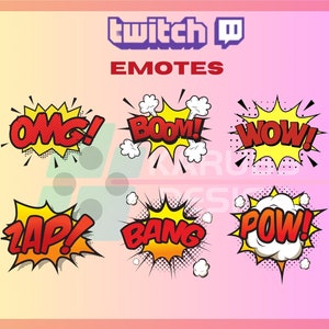 May include: Comic book style Twitch emotes with text like "OMG!", "BOOM!", "WOW!", "ZAP!", "BANG", and "POW!" in red and yellow speech bubbles. The word "EMOTES" is in red text, and the Twitch logo is at the top.