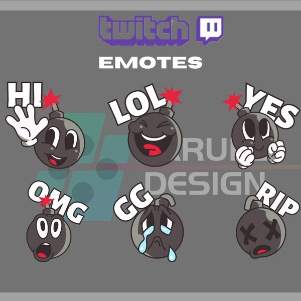 6 Twitch Emotes, Cute Bomb Emotes, Cute Emoji Emote Pack, Hi, Lol, Yes, Omg,  For Streamers - Instant Download/Ready to Use PNG(transparent)