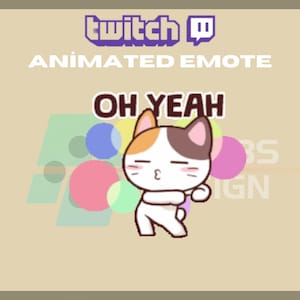 Könnte beinhalten: Animierter Twitch-Emote mit einer Cartoon-Katze mit orangefarbenen und braunen Ohren, weißem Körper und geschlossenen Augen. Die Katze macht eine Geste mit ihren Pfoten. Der Text oben lautet "OH YEAH". Der Hintergrund ist beige mit bunten Kreisen.